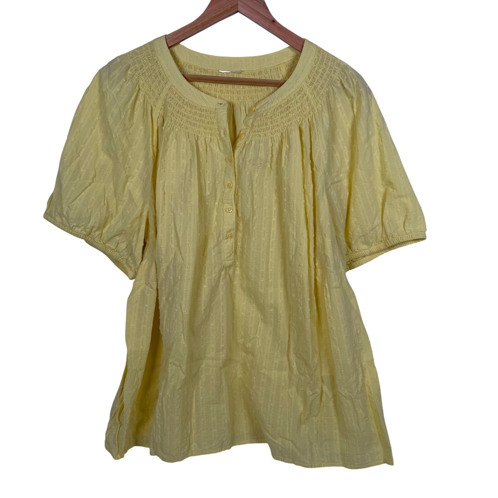 Swiss Dot‎ Smocked Blouse Womens XXL Yellow Short Sleeve Henley Top